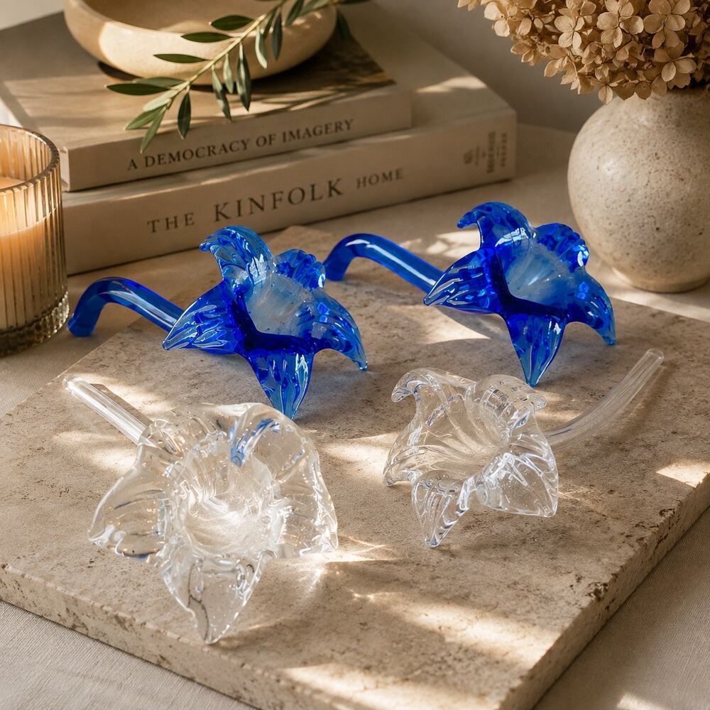 Hand Blown Art Glass Flowers Set of 4 Cobalt Blue Clear Long Stem